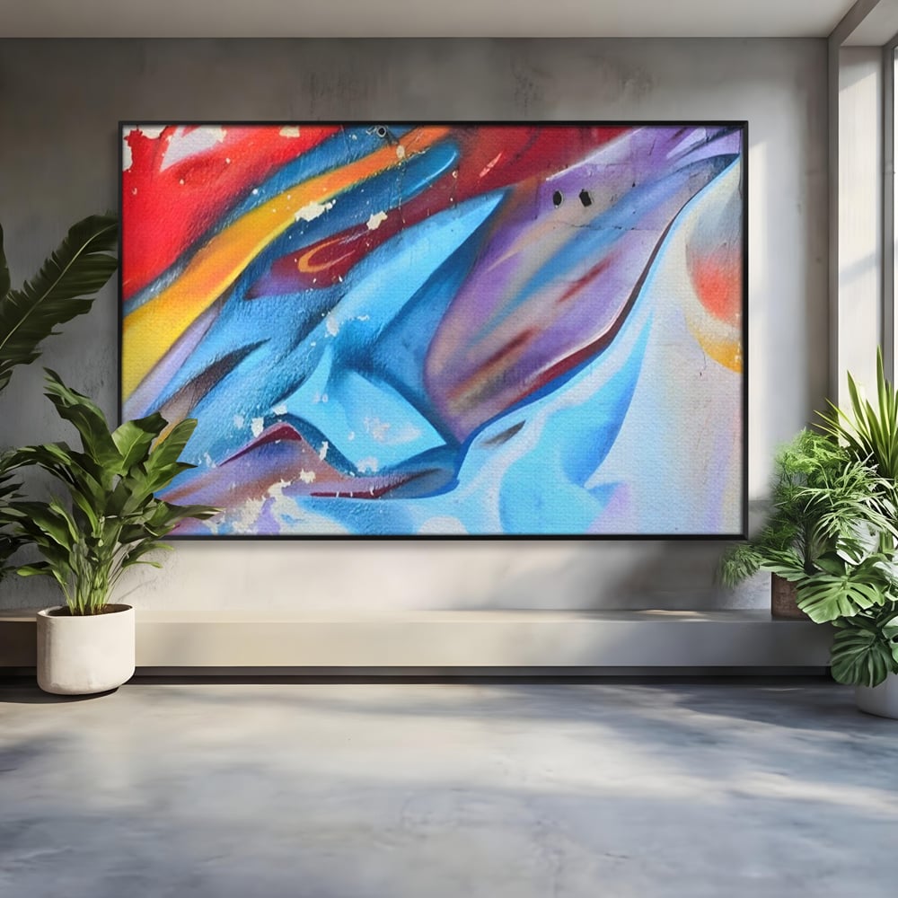 Tablou canvas cu pictura abstracta cu graffiti multicolor, in rama de aluminiu negru